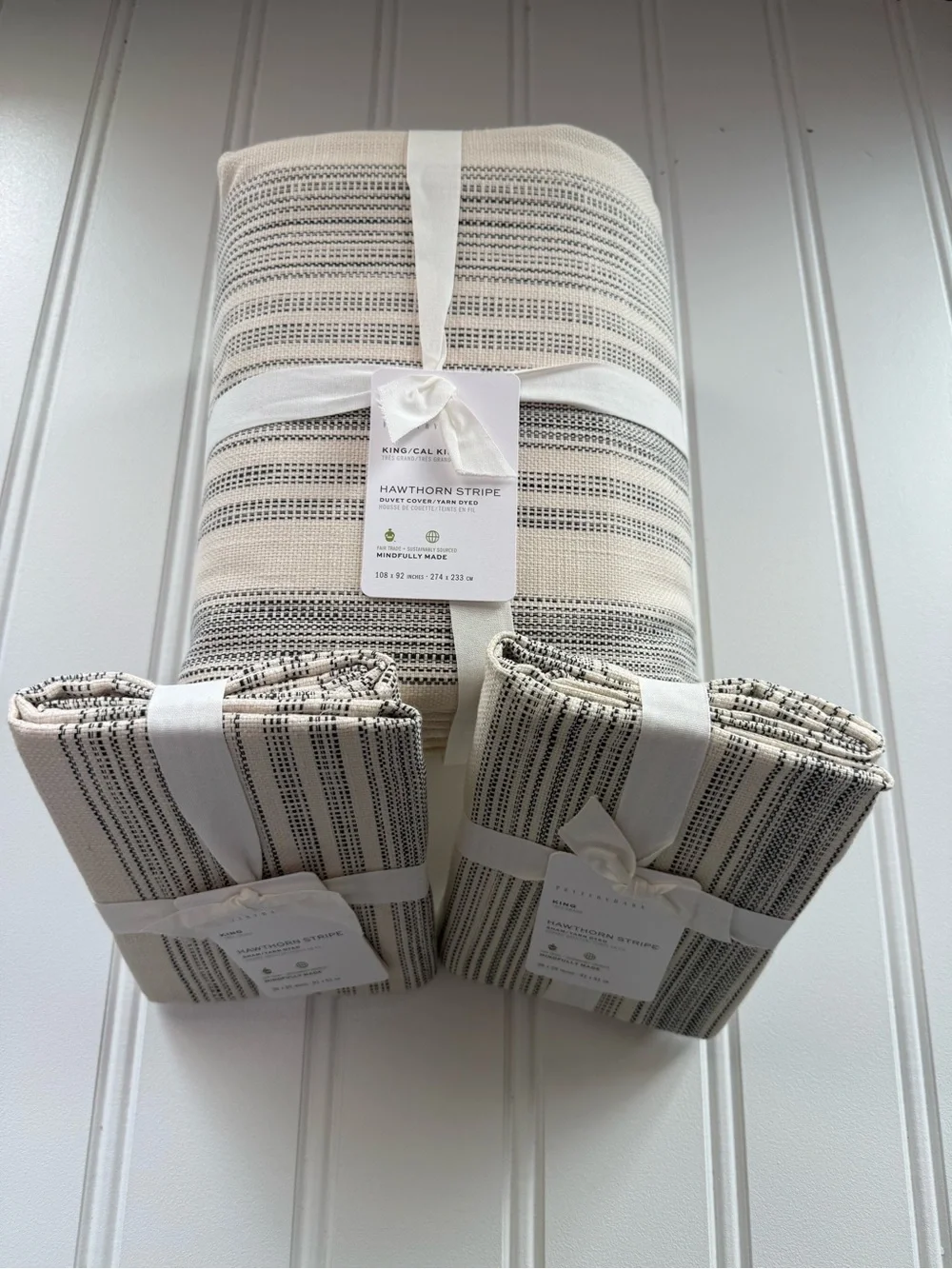 POTTERY BARN HAWTHORN STRIPE COTTON KING DUVET COVER  2 KING SHAMS CHARCOAL NEW